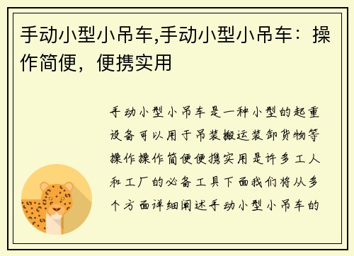 手动小型小吊车,手动小型小吊车：操作简便，便携实用